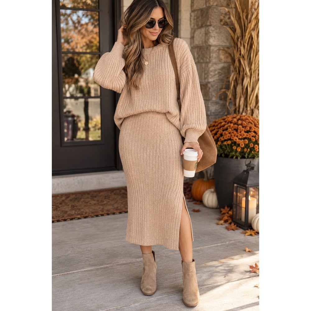 NWT Aerie Soft Knit Midi Skirt and Sweater Set Buttercream Small Quiet Luxury
